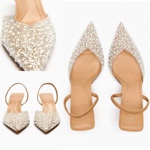Embellished Pearl-Detail Ivory Pointed Toe Heels